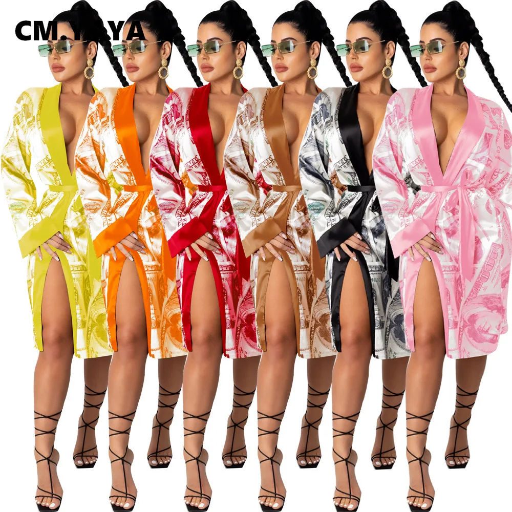 CM.YAYA Women Autumn Winter Benjamin US Dollar Print Open Stitch With Sashes Sleepwear Dress Bodycon Night Club Party Vestidos | Женская