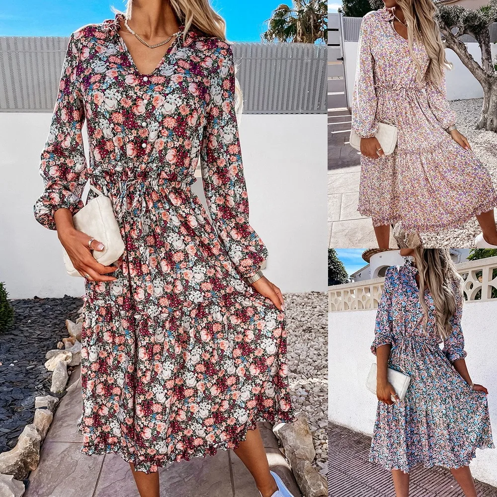 

2021 Summer Women Vintage Dress High Waist Ruffle Lady Casual Dress Sexy V-Neck Elegant Floral Printed Puff Sleeve Female Dress