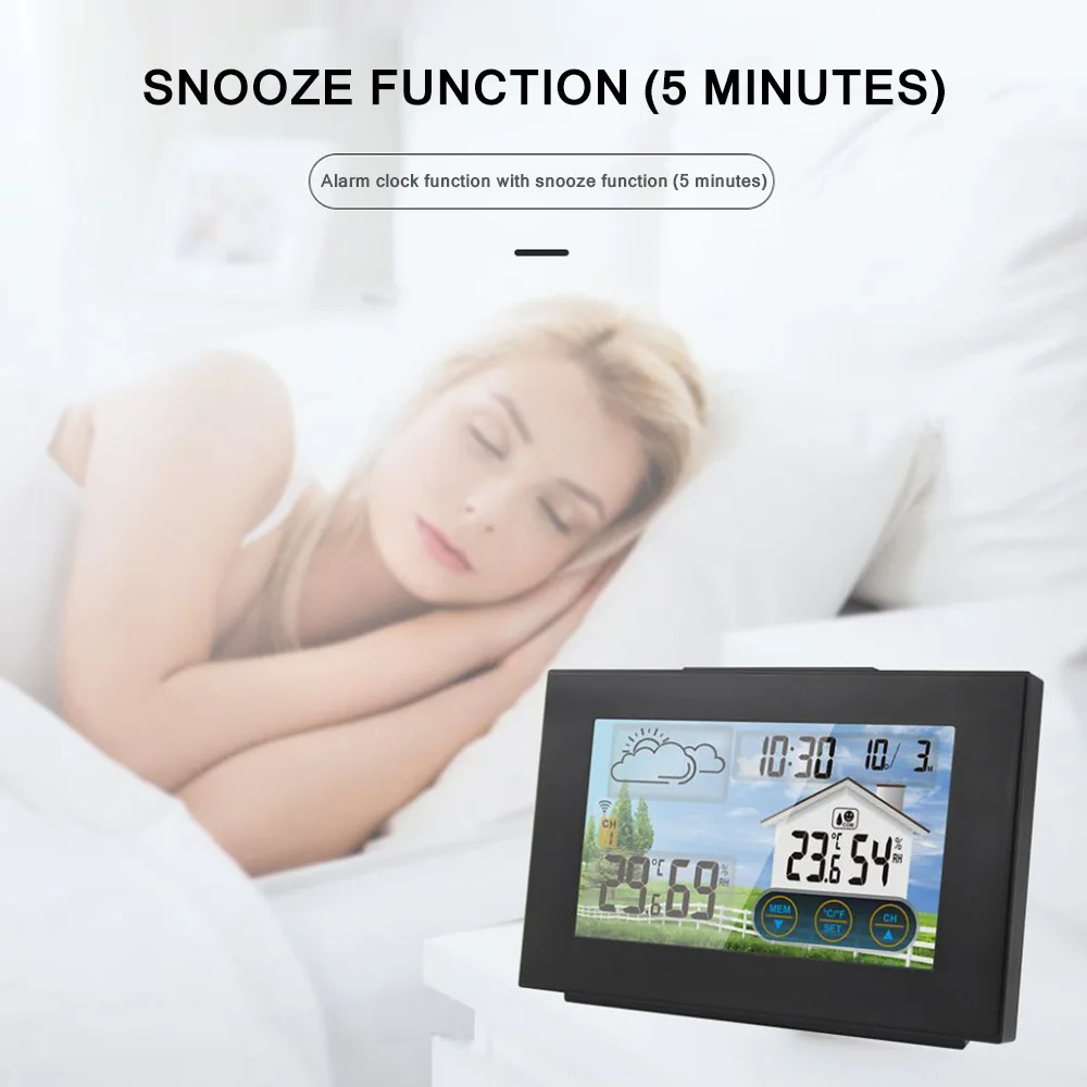 

USB Color Touching Display Digital Alarm Clock Weather Forecast Station Indoor Outdoor Temperature and Humidity Meter