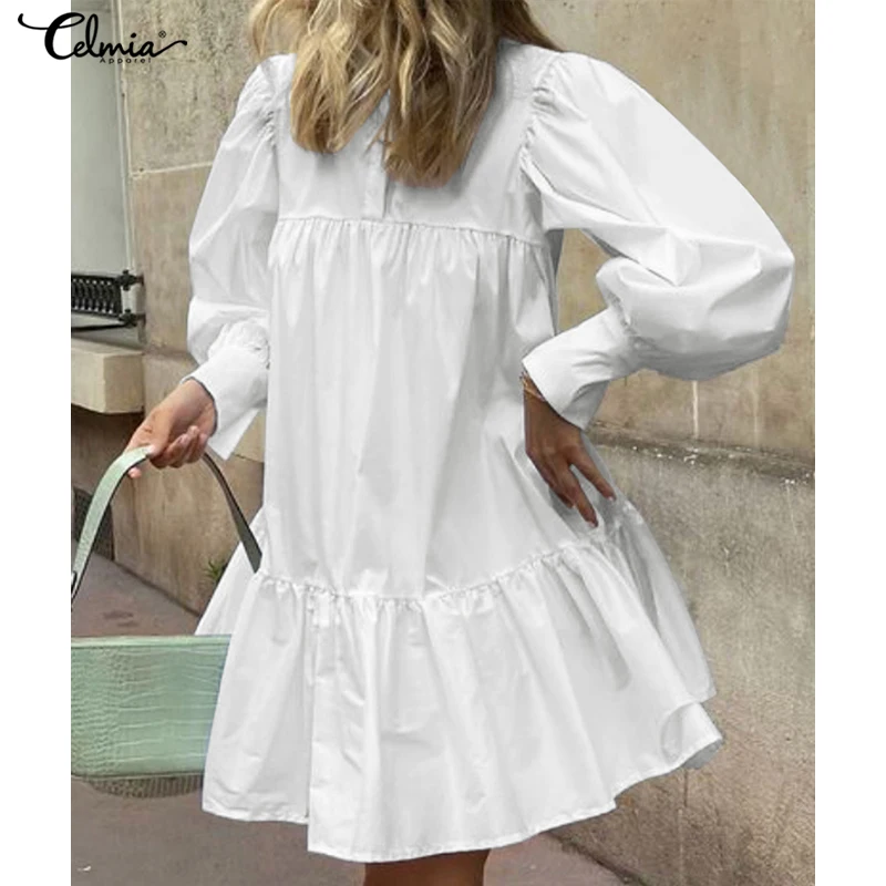 

Celmia Elegant Solid Mini Dresses 2022 Fashion Long Puff Sleeve A-line Women Vestidos Lapel Shirring Casual Loose Shirt Dress
