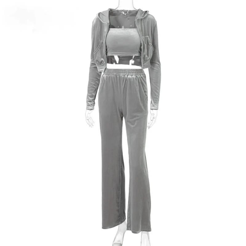 

Velvet Women 3 Piece Set Hoodie Sweatshirt Zipper Tube Crop Top High Waist Wide Leg Pants Tracksuit Sporty Casual Outfit
