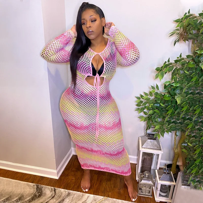 

RStylish Summer 2021 Sexy Mesh Tie Dye Print Women Long Sleeve Hollow Out Bandage Vintage Skinny Maxi Dress