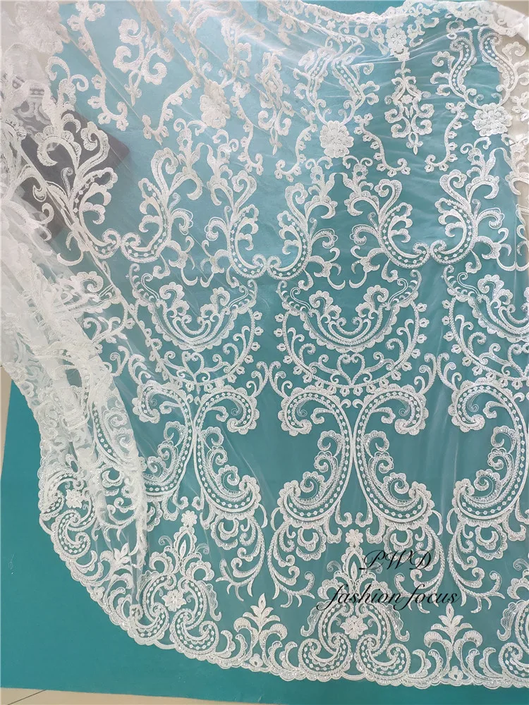 

French Guipure Cord Lace Fabric Embroidery Lace Sequins Beaded Fabric African Swiss Voile Lace Fabric High Quality Tulle White