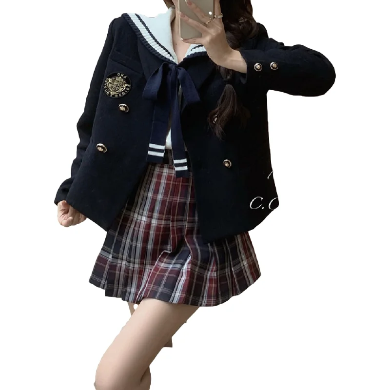 

New Spring 3 Piece Long sleeves Solid vest Women Long sleeves Vintage Solid Blouse Plaid Skirt