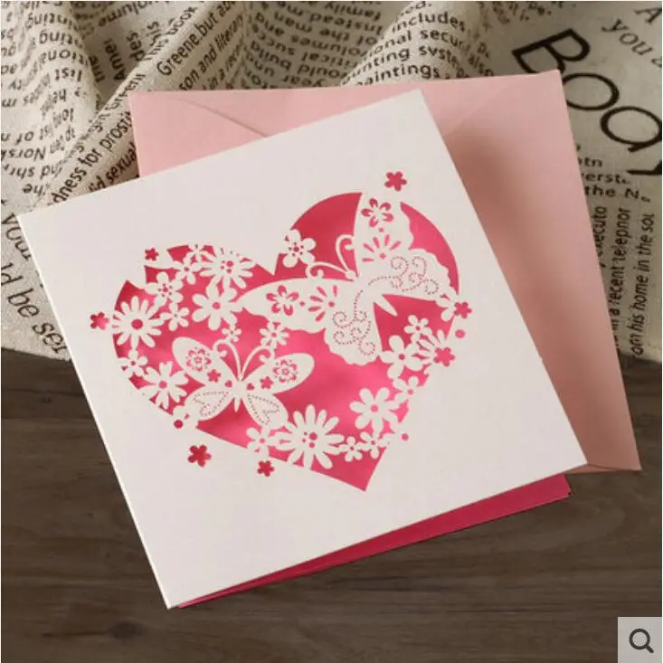 Pink Butterfly 1, симпатичный комплект с глубоким вырезом в форме сердца на поздравительные бумажные карточки Свадебные приглашение на вечеринку дня рождения открытки подарки на день Святого Валентина, большое ожерельес Почтовые открытки открытка с благословением - Цвет: Pink Butterfly