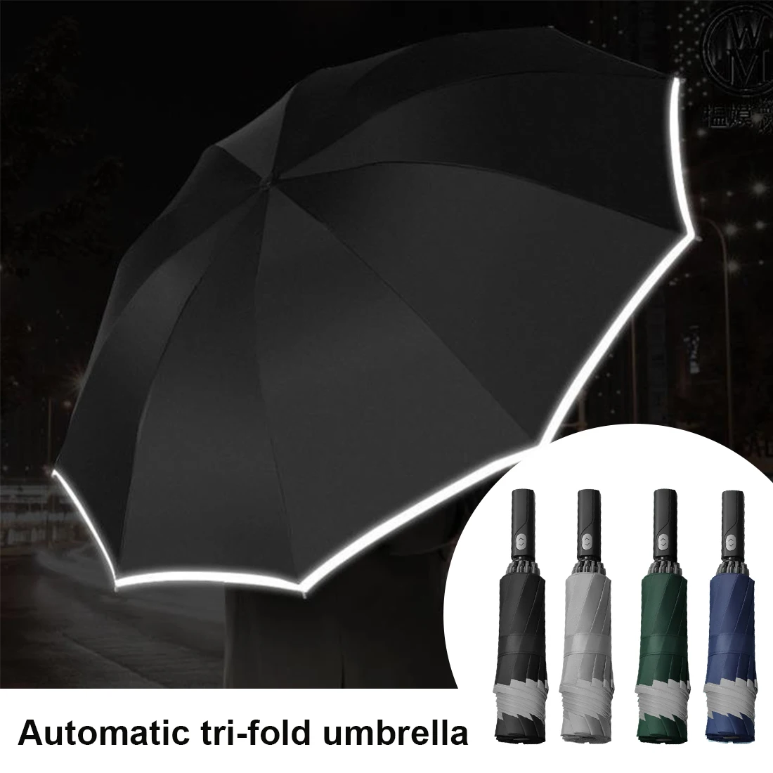 

Umbrella Automatic Folding Umbrella Rain For Men Women 10 Ribs Reflective Stripe Portable Female Umbrella Male Parasol Windproof
