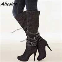 abesire long boots black suede platform buckle decor thin high heel round toe knee high solid new autumn winter big size shoes