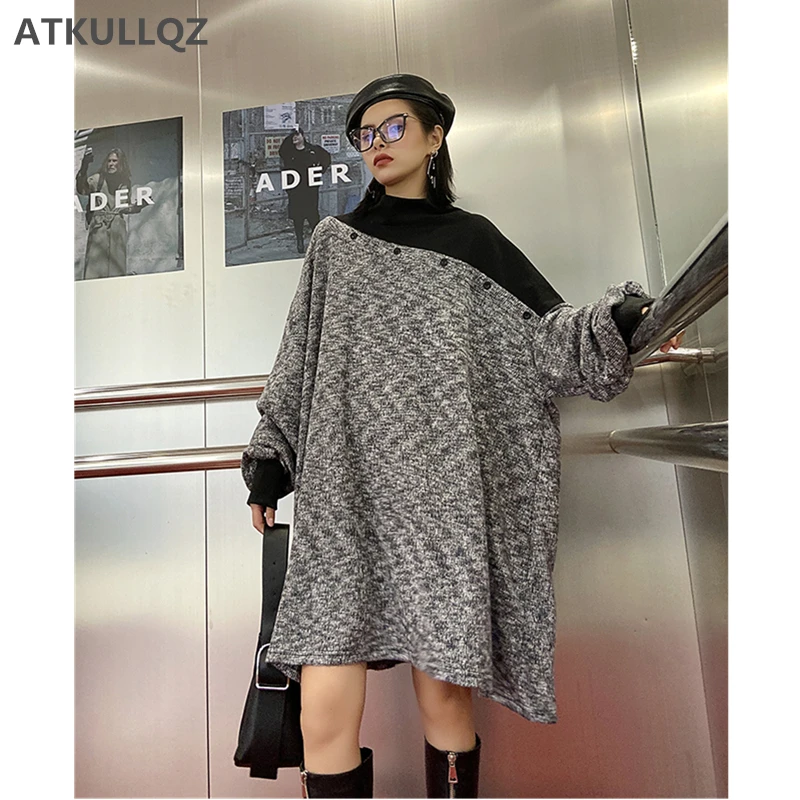 Женское свободное платье свитер длинное большого размера с тонкой строчкой