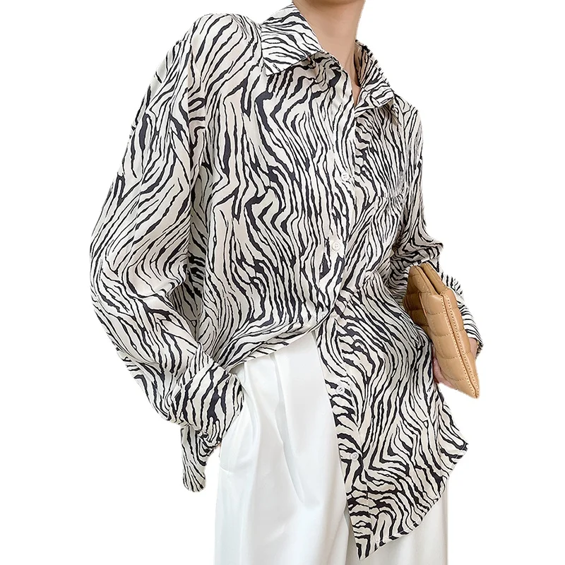 

Women Zebra Stripes Casual Shirt Women's Oversize New Lapel Long Sleeve Loose Fit Fashion Woman Blouses 2021 Tide Spring Autumn