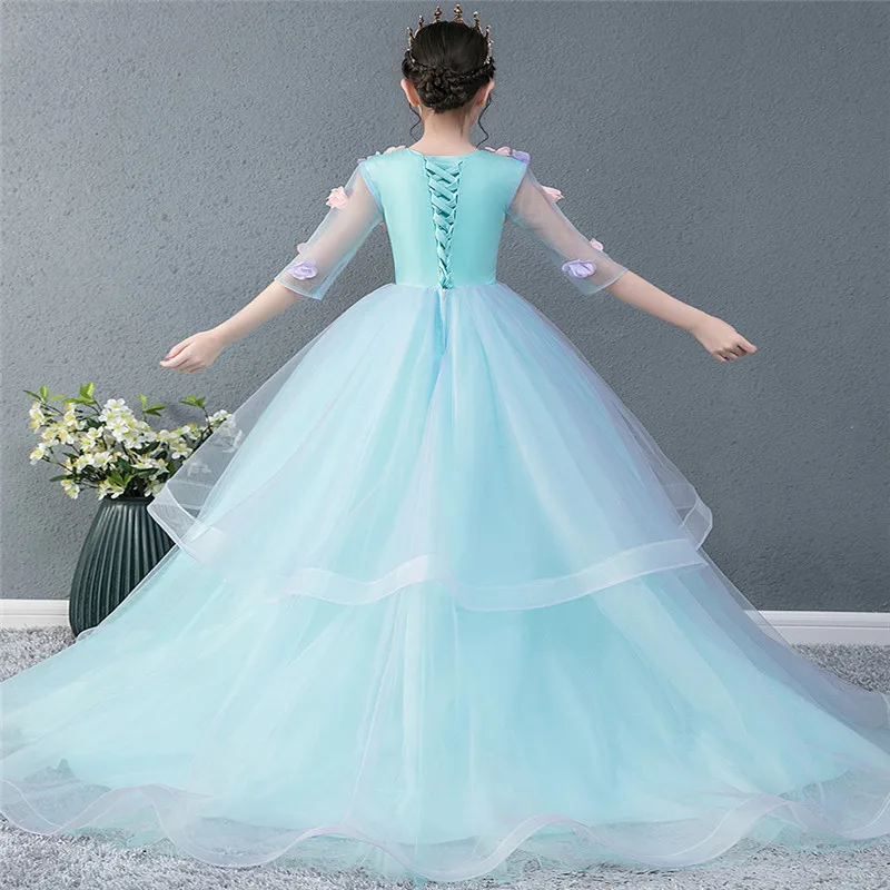 

Children Girls Luxury V-Collar Appliques Flowers Evening Party Birthday Princess Long Tail Dress Kids Model Catwalk Host Dress