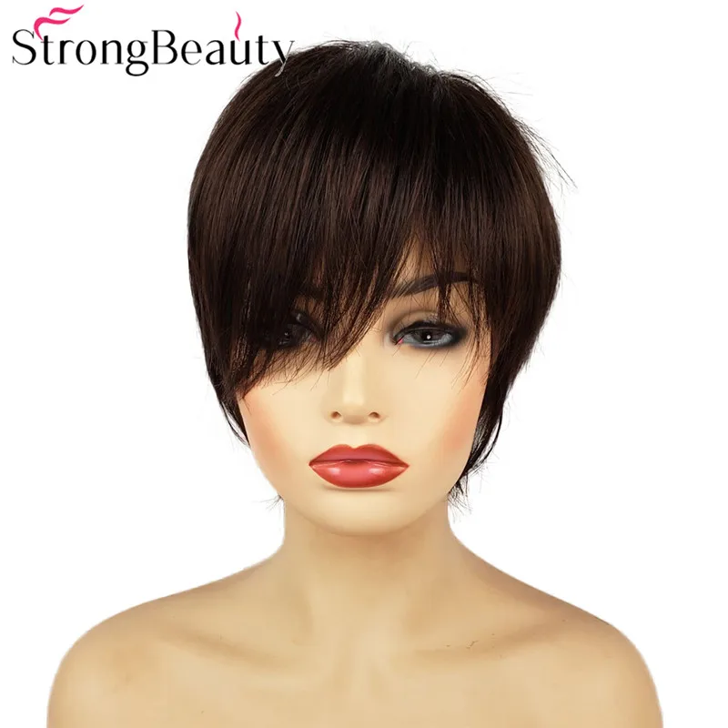 StrongBeauty короткие прямые парики натуральные волосы женские синтетические парики слоистые стриженные волосы парики