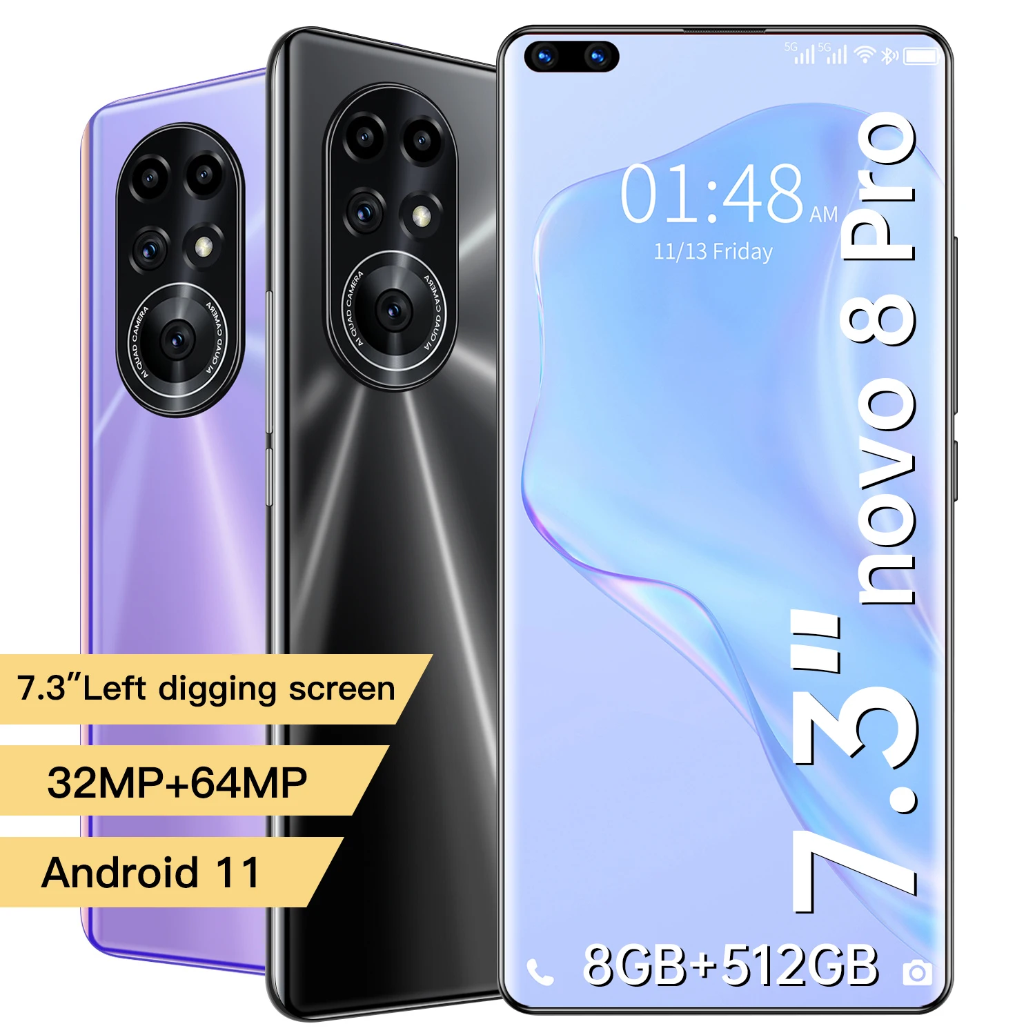 

Global Version 2021 NOVO8 Pro 7.3 Inch Left Digging Screen 8GB+512GB Andriod 11 Smartphones 32+64MP MT6889+ 5G Face ID Cellphone