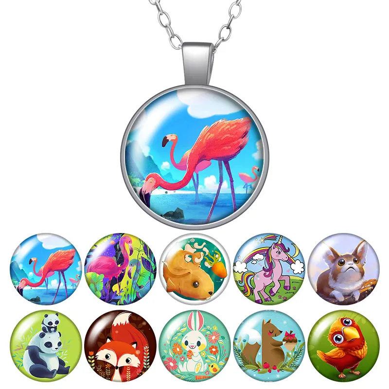 

Ожерелье с круглой подвеской в виде мультяшных животных, фламинго, единорога, лисы, стеклянный кабошон 25 мм, серебряный цвет, ювелирные изде...