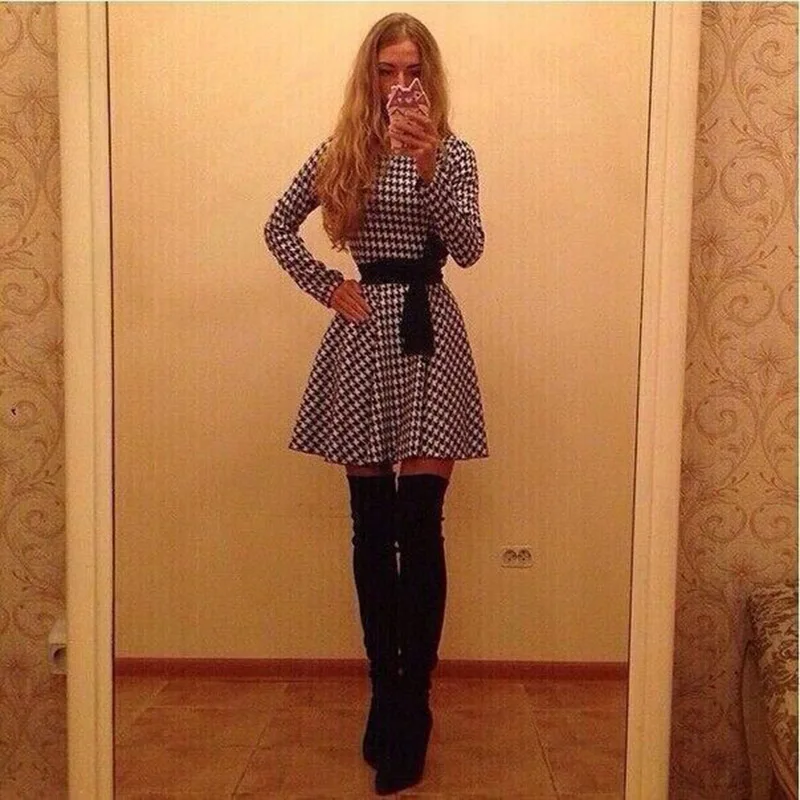 

Fashion Elegant Ladies Plaid Dress Elegant Ladies O-neck Mini Black White 2020 Club Sashes Dresses High Waist 2020 Fall Vestidos