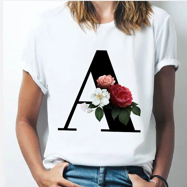 

O-Neck A To Z Alphabet Women T-shirt Girl 26 Alphabet Letter Combination Flowers Short Sleeve Casual Vogue Summer Tee Y2k Top