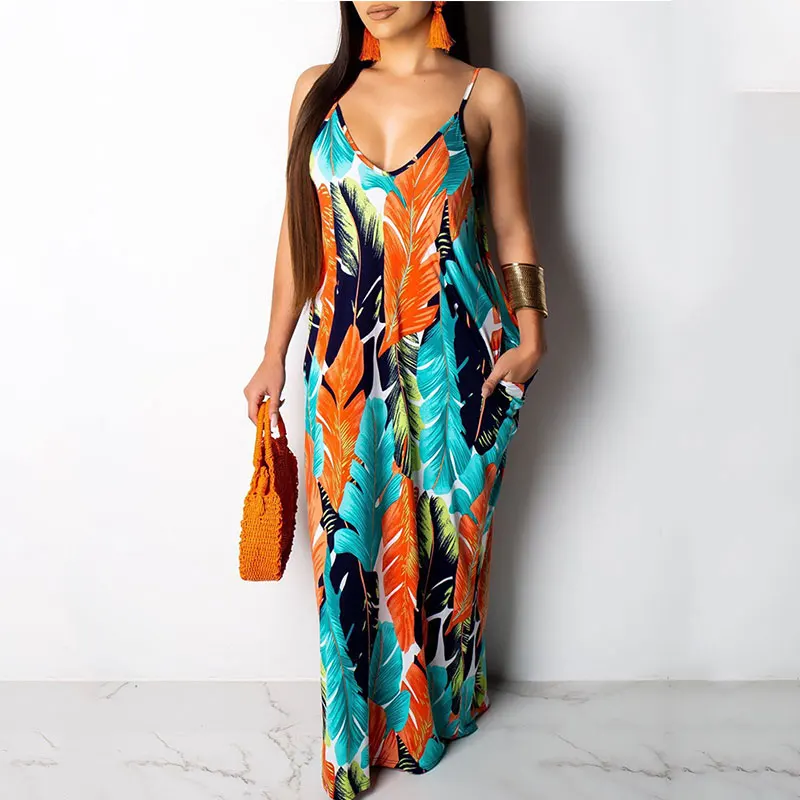 

2021 Summer Wear Women Casual Sleeveless Spaghetti Strap Long Dress V-Neck Leaf Print Pocket Design Sling Maxi Dress Vacation