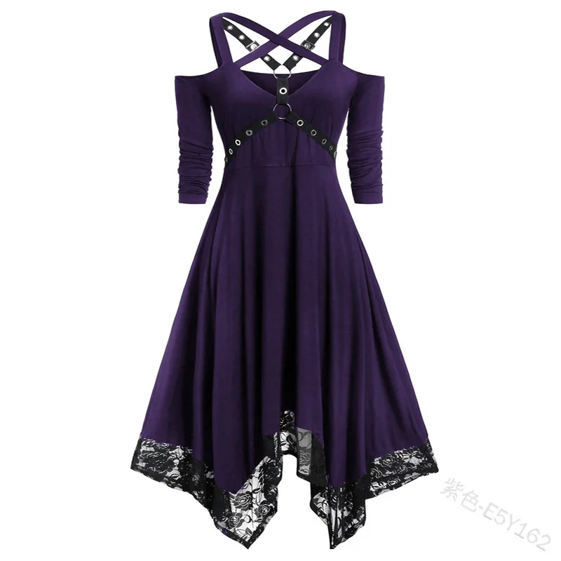 Женское платье в стиле панк однотонное большого размера с кружевной отделкой на
