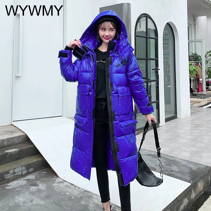 WYWMY Women Winter Jacket X-Long Parkas Ladies Coat Oversized Hooded Winter Jacket Women Glossy Thick Down Cotton Padded Jacket