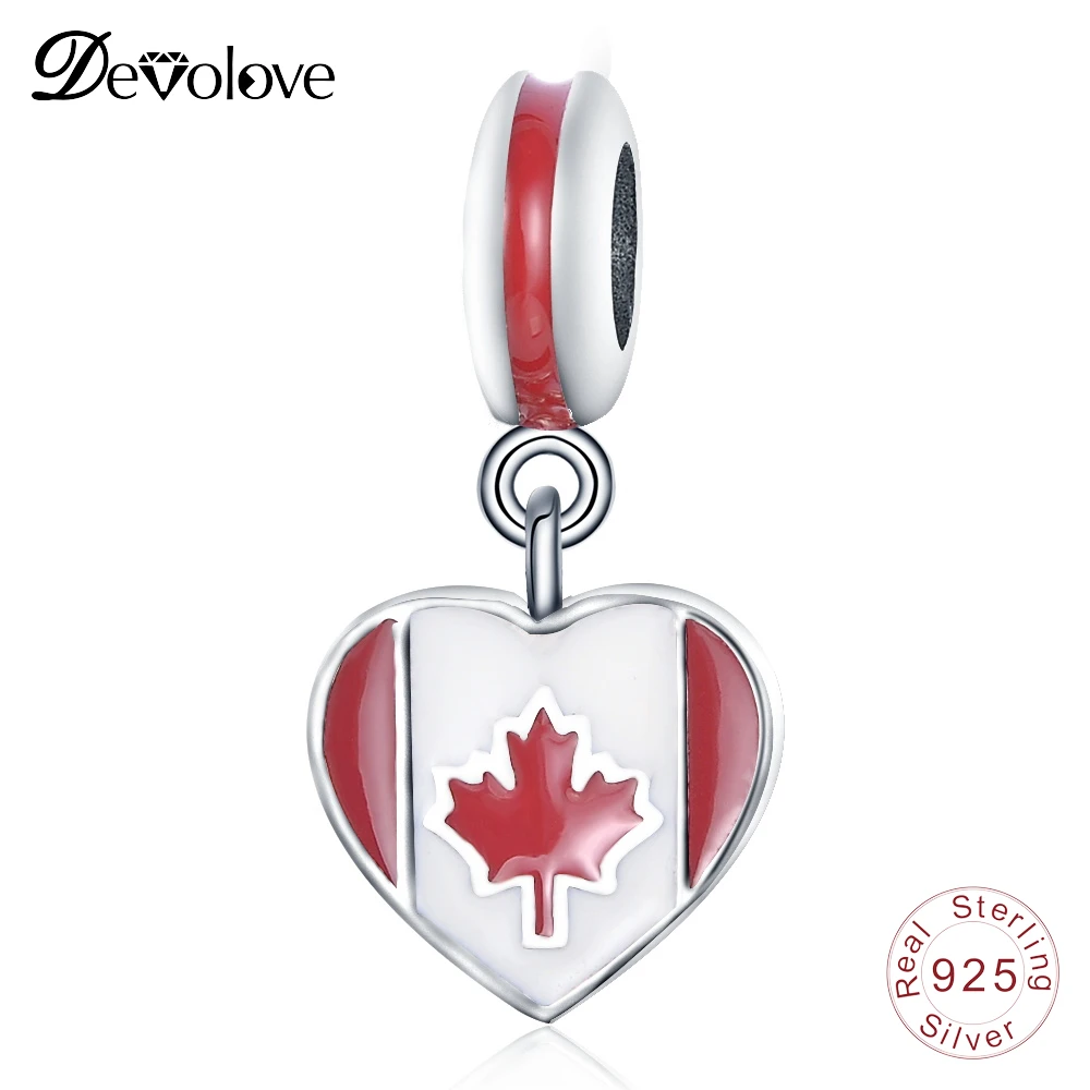 Devolove Канада Флаг 925 стерлингового серебра Эмаль Подвески шармы в виде сердца