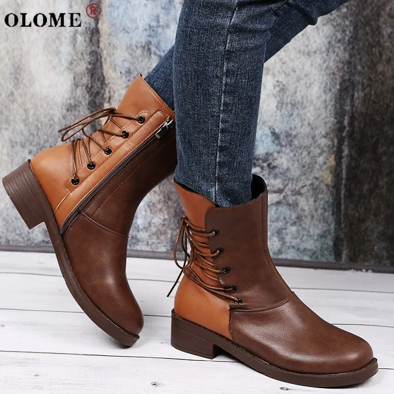 

2020 Fall/winter Plus Size Ladies Classic Retro Shoes Smooth Pu Waterproof Black Motorcycle Boots Sexy Lace-up Nude Boots