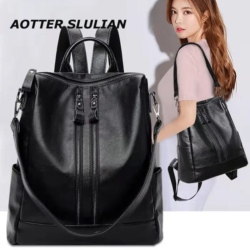 

College Style Woman Backpack Sheepskin Leather Black Handbag Teenage Girls Female School Shoulder Bags Mochil Back Pack Big Tote