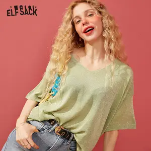 Женский яркий вязаный свитер ELFSACK, зеленый однотонный Повседневный свитер с полурукавами в Корейском стиле, весна 2020