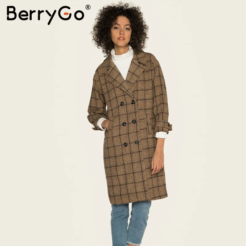 BerryGo Винтаж твидовый в клетку длинное пальто для женщин осень зима офисные