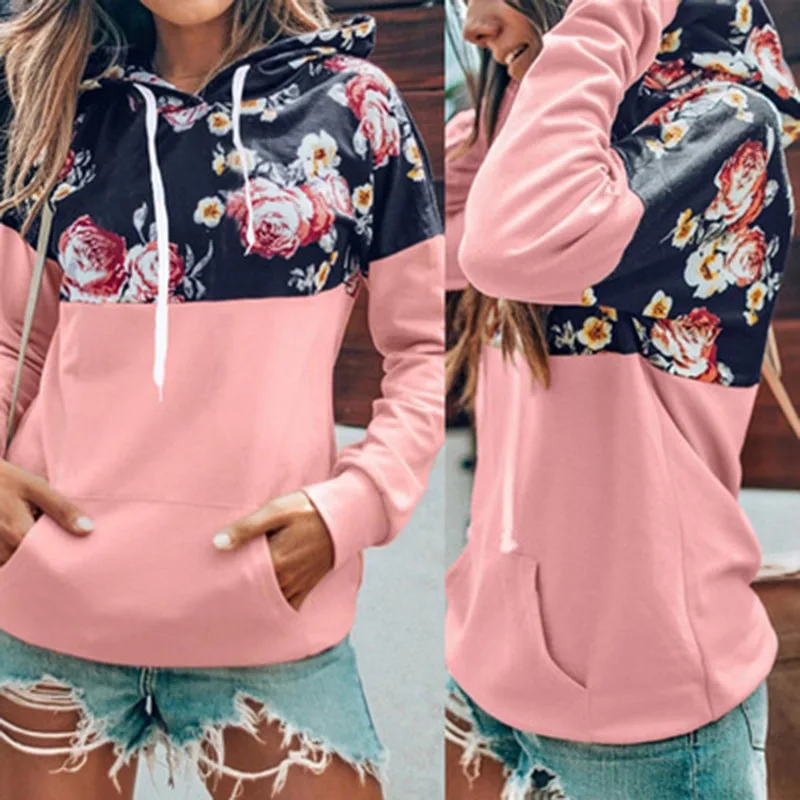 

Spring And Autumn Casual Fashion Hoodie Women's Long-Sleeved Hooded Sweater Floral Print Patchwork Pullover Ladies Moletom