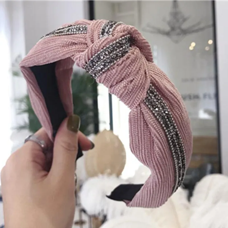 Розовый бархатистый материал Ободок для волос повязка с кристаллами женская