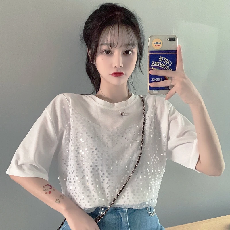 

Lucyever Fashion Fake Two Pieces Sequin T Shirt Women 2021 Summer Short Sleeve Shirts Woman Korean Fresh Loose Solid Tshirts