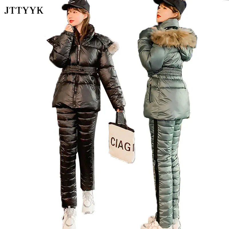 Fashion Winter Hooded Parka 2 Piece Sets Elegant Warm Streetwear  Hooded Coat And Cotton Pants Thick Women Casual Tracksuits