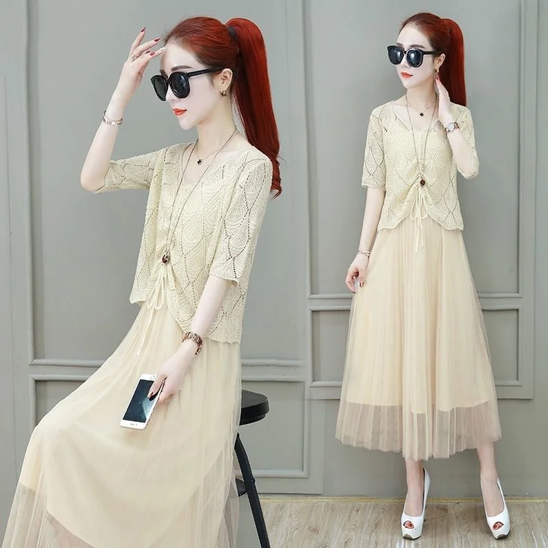 

2023 Summer Elegant Two Piece Sets Short Sleeve Hollow Knitted Tops + Long Dress Casual Suit Women Clothing Femme X42