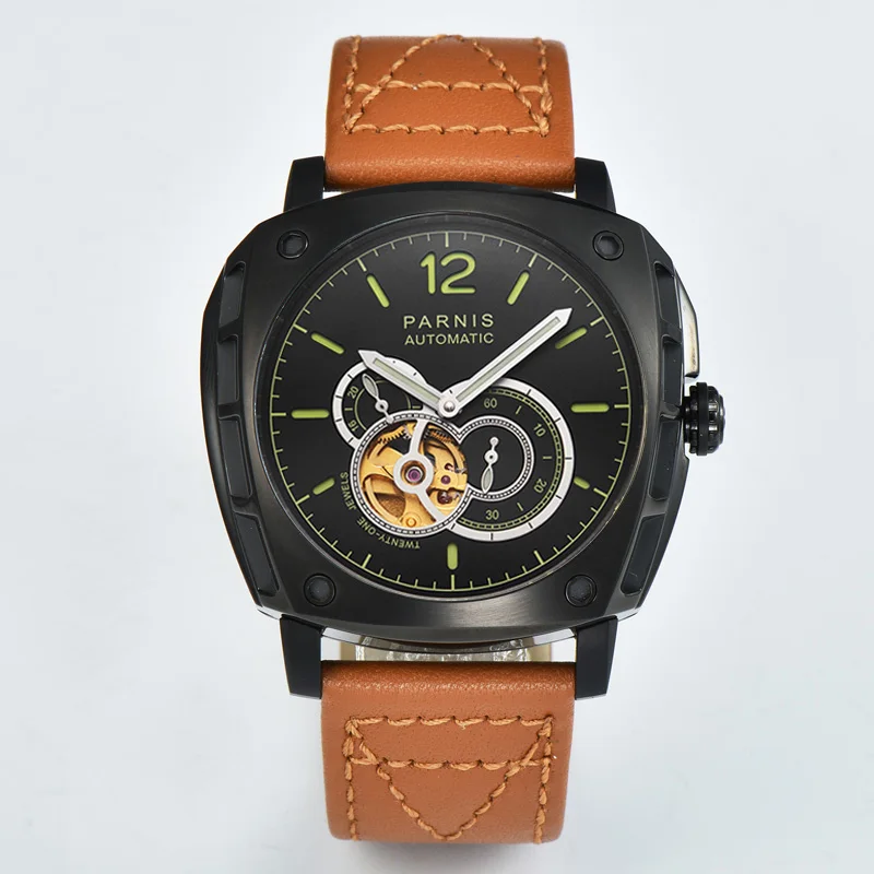 

Мужские автоматические механические часы Parnis, 44 мм, с черным циферблатом и зеленым циферблатом, Miyota 82S7, наручные часы с покрытием PVD, 2021, топ, ...