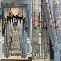 2021 chinese and european luxury blue jacquard embroidered blackout curtains for living room bedroom blackout curtains