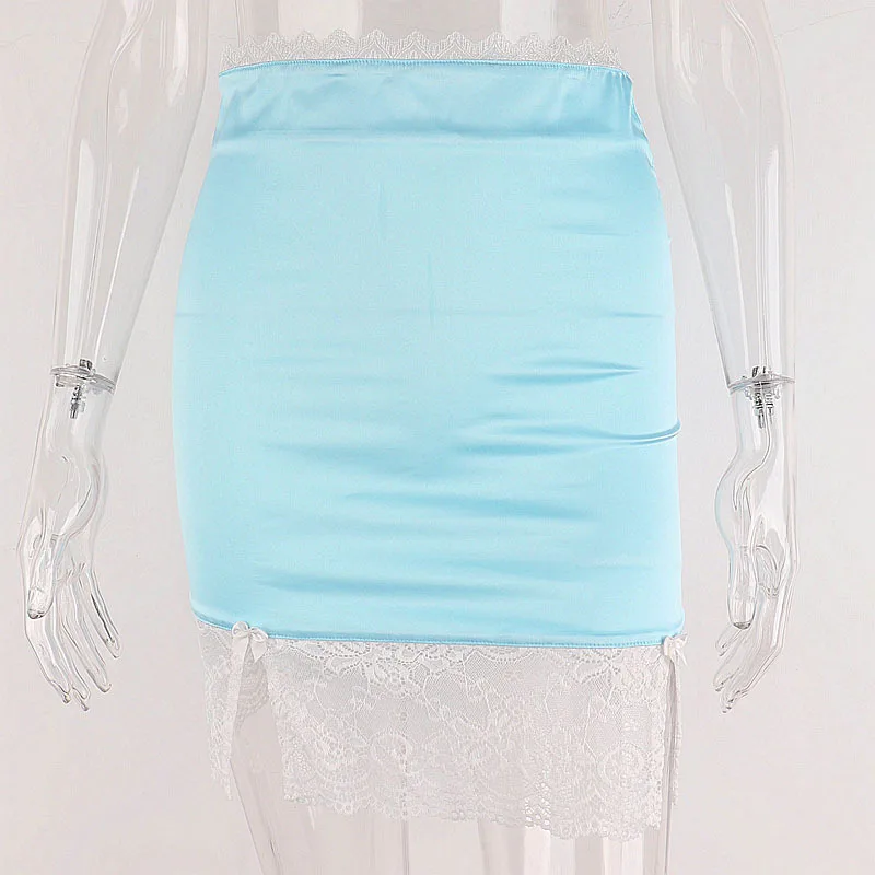 

ALLNeon E-girl Aesthetics Lace Trim Satin Mini Skirts Y2K Streetwear High Waist Slit Hem Short Pencil Skirt 2000s Pink Bottoms