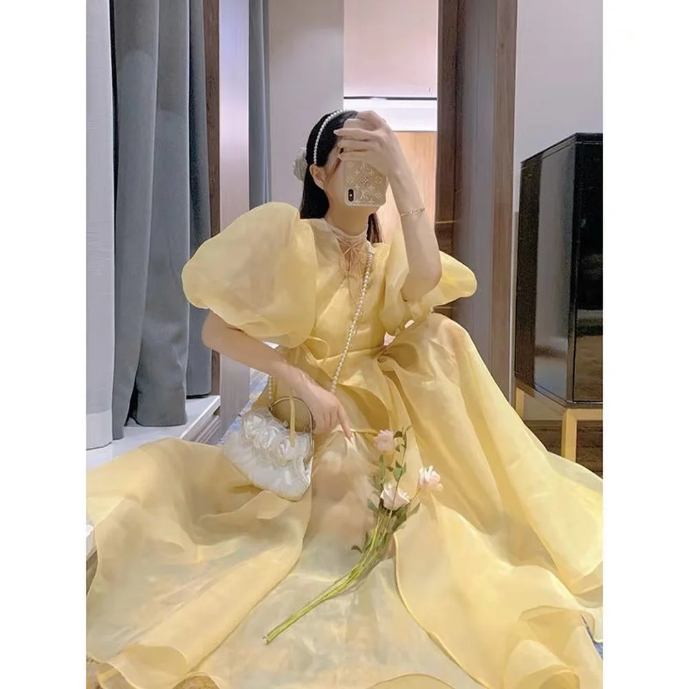 

Spring Summer 2021 Fashion Ladies Fancy Fairy Holiday Clothes Puff Sleeve Yellow Tulle Belle Princess Party Dress Women