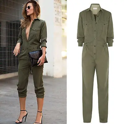 Hot Sale Ladies Sexy Vintage Romper Long Pants Women Slim Bodycon Jumpsuit Sleeve Army Green Solid Casual Cargo | Женская одежда