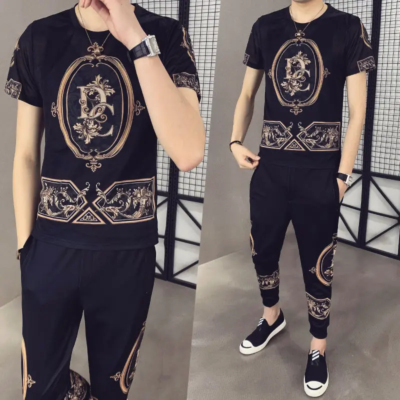 

Men's Fashion Sports Outfits Summer Ice Silk Young Students Korean Short Sleeve T-Shirt Pants Clothes