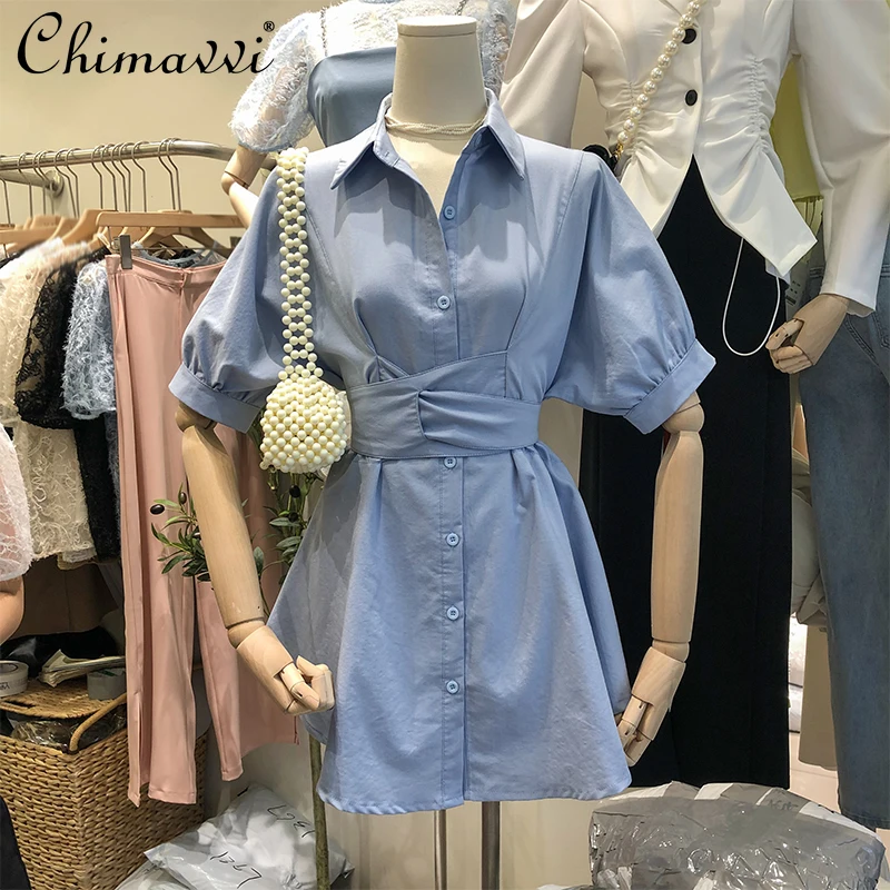 

2021 Summer Short Sleeve Lapel Lace-up Long Blue Shirt Top High Waist Casual Blue Wide Leg Shorts Two-Piece Set for Women