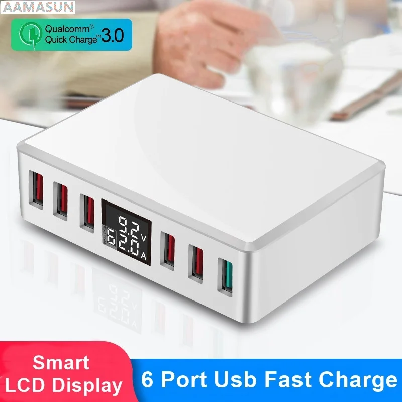 

6 Ports USB Charger QC 3.0 Fast Charging Smart LCD Digital Display Multi-Port Travel Charger Station Quick Charge USB Charging