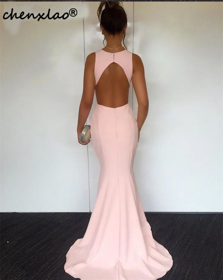 

Simple Pink Mermaid Long Satin Prom Dresses Cheap V-Neck Open Back Evening Party Gowns Elegant Women Special Formal Dress