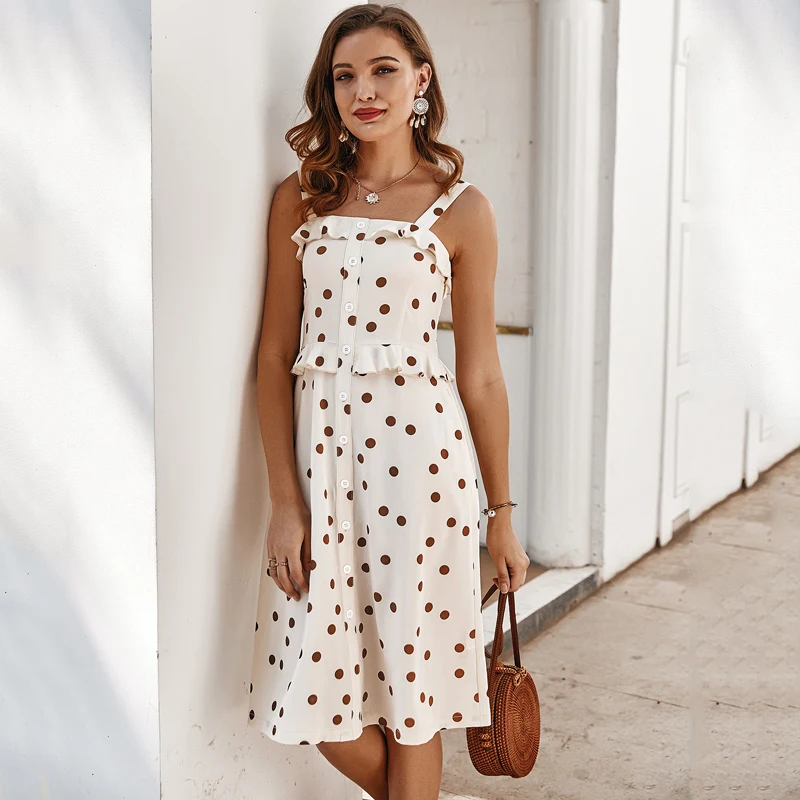 Летнее женское платье с квадратным воротником на бретельках пляжное в горошек