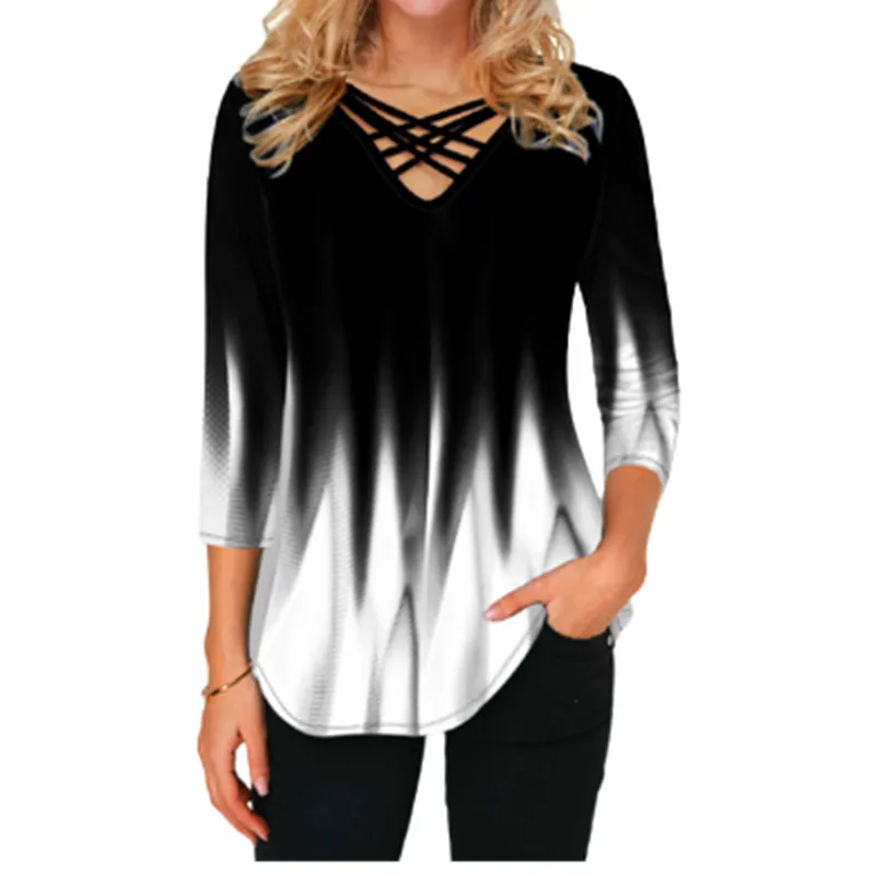 

2021 New Spring Tops 4XL 5XL Oversized Women Blouses 3D Gradient Print Cross V-Neck Loose Plus Size Shirt Tops Fashion Clothes