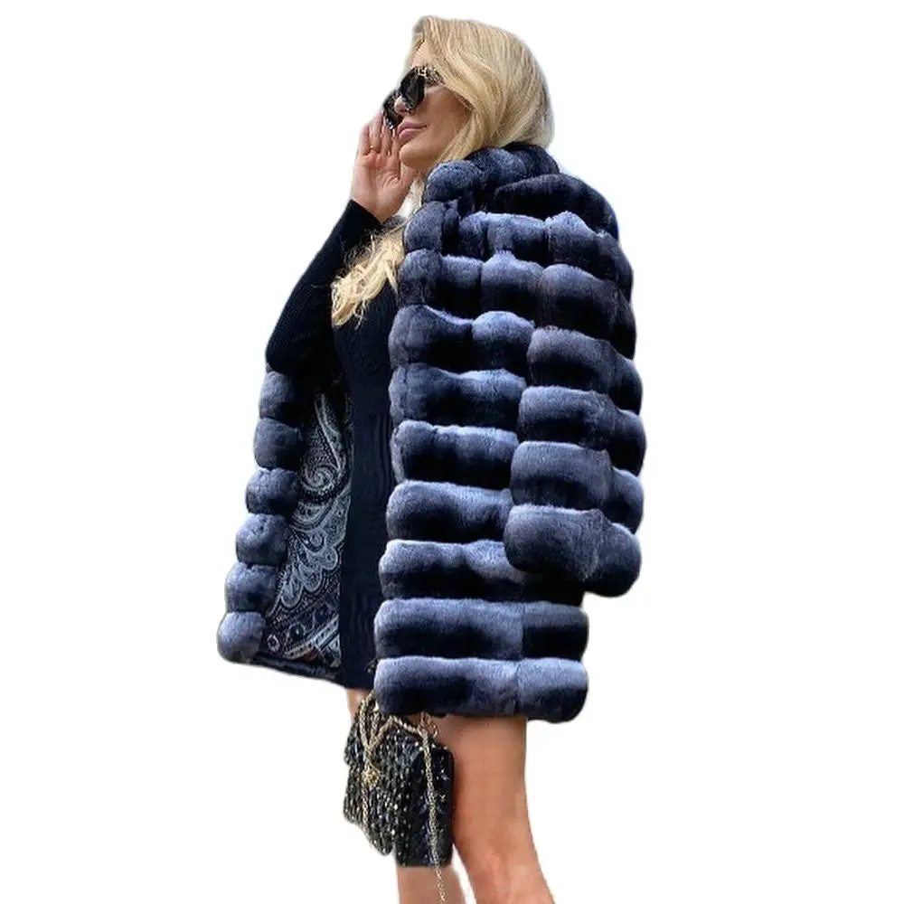 Fashion Mid-length Real Rex Rabbit Fur Coat with Lapel Collar New Trendy Thick Warm Genuine Full Pelt Rex Rabbit Fur Coat Female