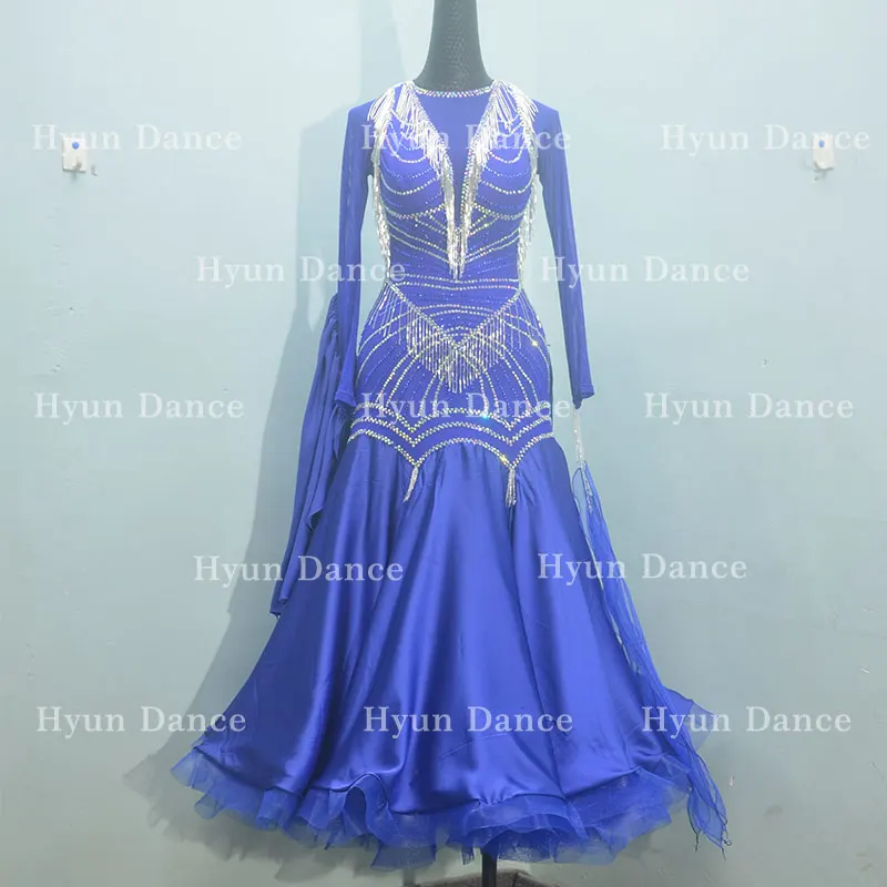 

blue ballroom dance dress women Rhinestone standard ballroom dress Bead tube fringe waltz rumba costumes modern dance wear
