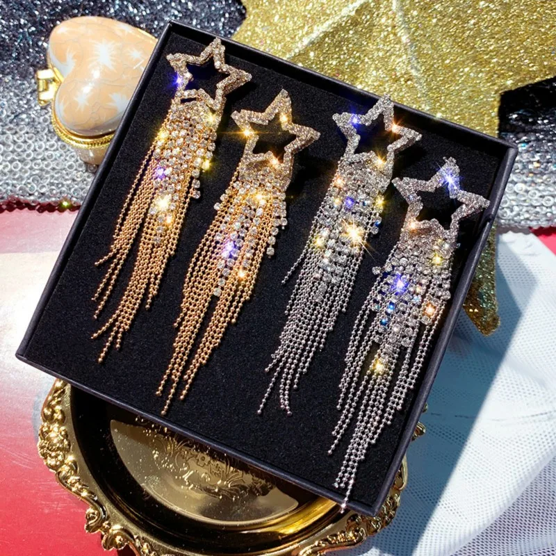 

ARLIE Fashion Gold Color Star Luxury Shiny Crystal Earrings for Women 2020 Bijoux Long Tassel Dangle Earrings Party Jewelry Gift