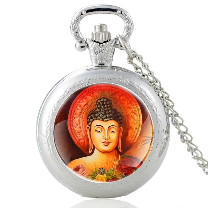 Серебряные винтажные кварцевые карманные часы с изображением Будды, для мужчин и женщин, стеклянный купол, ожерелье, часы, подарки