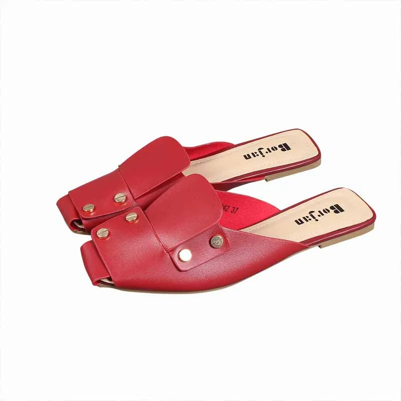 

Flat Shoes Female Slippers Casual Rivet Slides Cover Toe Slipers Women Luxury 2021 Soft Microfiber Metal Decoration Rubber PU Fa