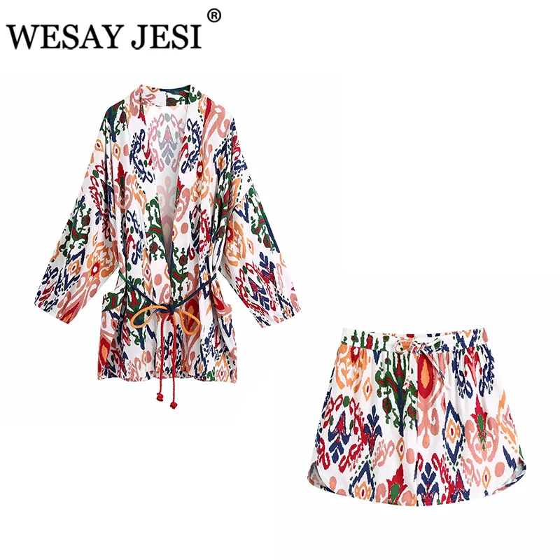 

WESAY JESI Women Clothing Shorts Sets TRAF ZA Fashion Kimono Print 2 Piece Sets Women Blouse+High Waist Casual Shorts Set Suits
