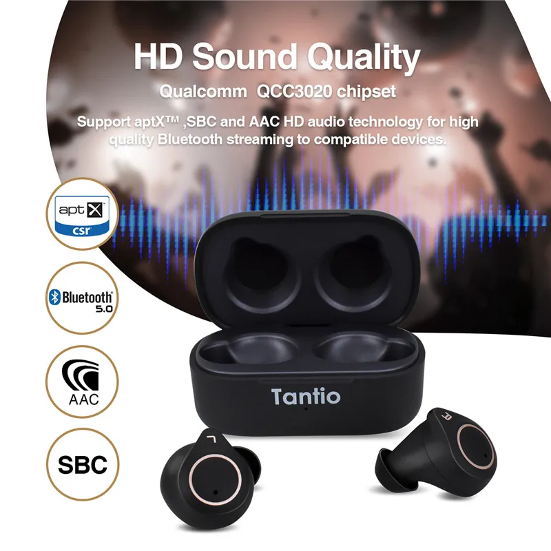 

Tantio W1 Wireless Earbuds Qualcomm APTX HiFi Waterproof Touch High Performance TWS Bluetooth Earphones